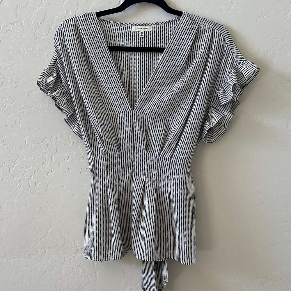Max Studio Black & White Vertical Stripe V-Neck Peplum Blouse